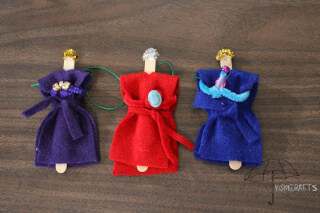 puple,red, and blue felt on craft sticks to represent wise men wise men Christmas tree ornaments
