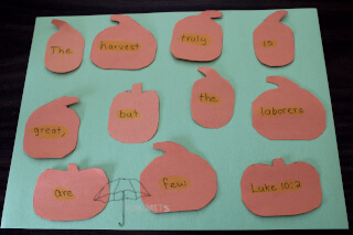 pumpkins with words to Luke 10:2 pumpkins for fall