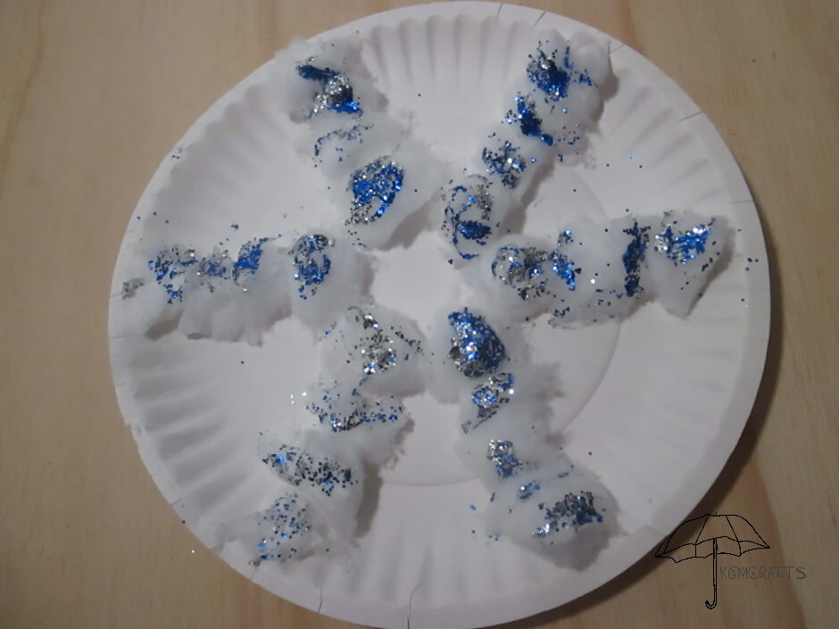 paper plate, cotton, glitter snowflake cotton ball snowflake