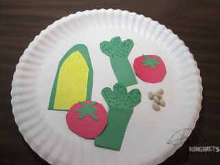 paper corn, broccoli, tomatoes, on a paper plate Daniel's diet
