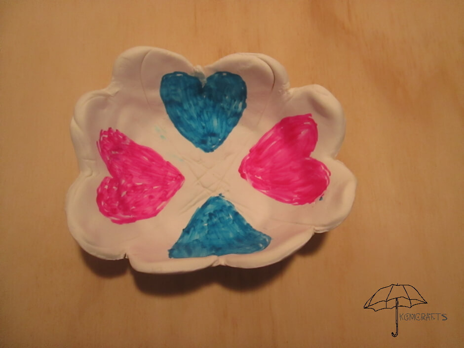 homemade white dish with blue and pink hearts dish of hearts for Mother's Day